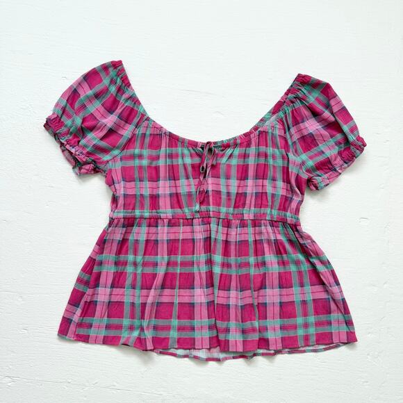 Torrid Pink Teal Plaid Tie Front Peplum Top, Size 2X - Picture 1 of 6